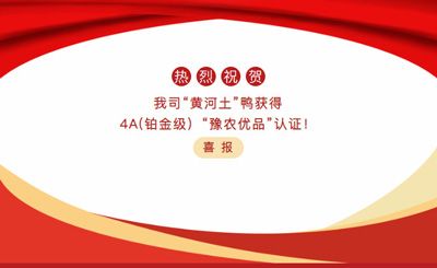 【喜報】—我司黃河土鴨獲4A(鉑金級）“豫農(nóng)優(yōu)品”認(rèn)證！